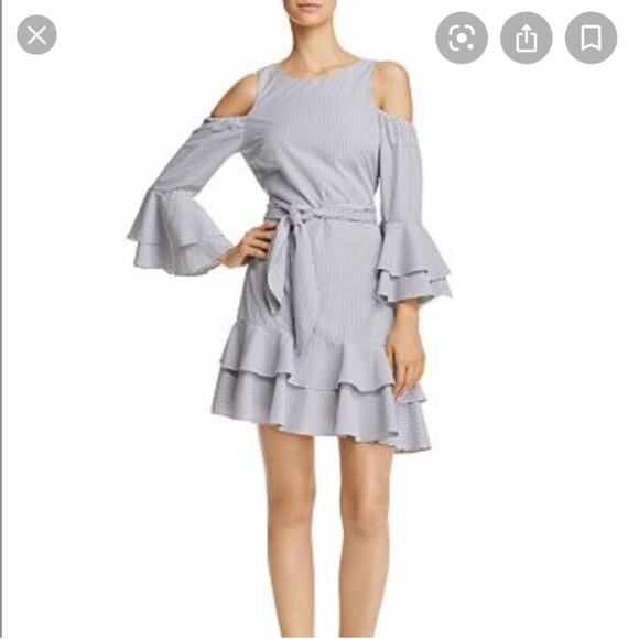 Aqua Cold-Shoulder Ruffled Striped Dress - Picture 1 of 6